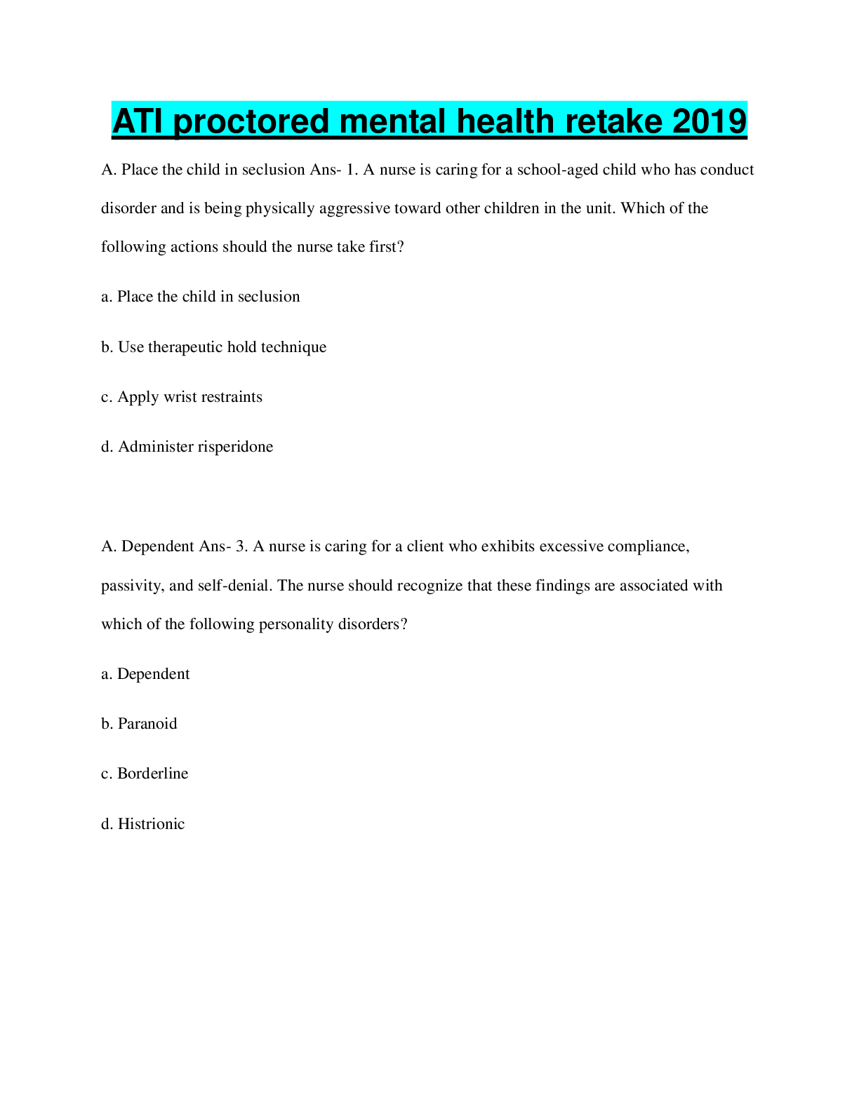Preview image for ATI proctored mental health retake 2019